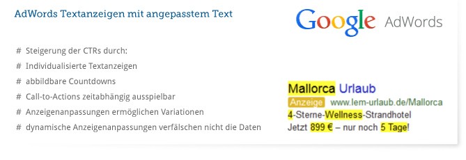Google Adwords Textanzeigen mit angepasstem Text