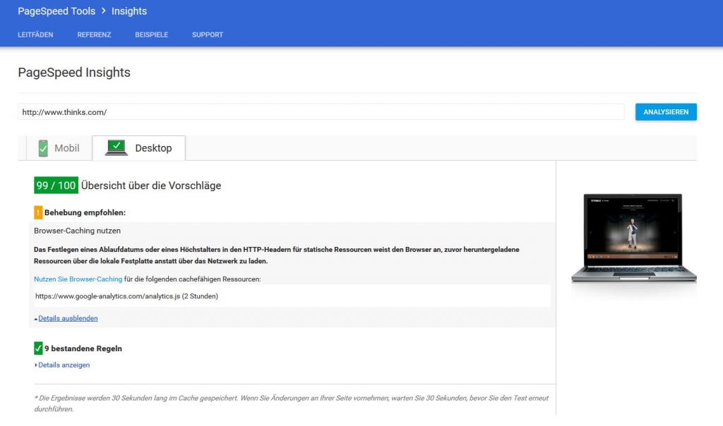 thinks.com Google Pagespeed Insights Desktop 100 Google Analytics