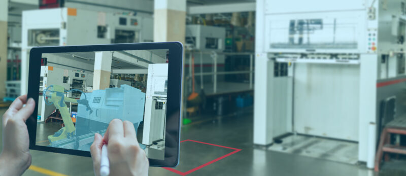 smart manufacturing ,industry 4.0, 5.0 technology concept, man use augmented mixed virtual reality technology to manage and simultion to install new machine in the factory predict, analytic how to fit