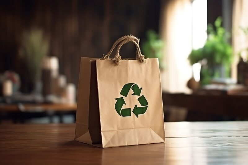 Generative AI : Net zero waste go green SME use eco friendly care sign plastic free symbol packaging carton box wrap paper in small shop retail store Chva dried water hyacinth on desk reuse packing pa