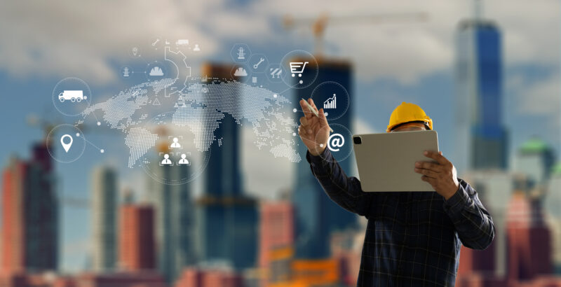 Digital internet network iot Smart logistics Warehouse management innovative software in computer supply chain distribution export order package shipment stock box ai computer check smart factory