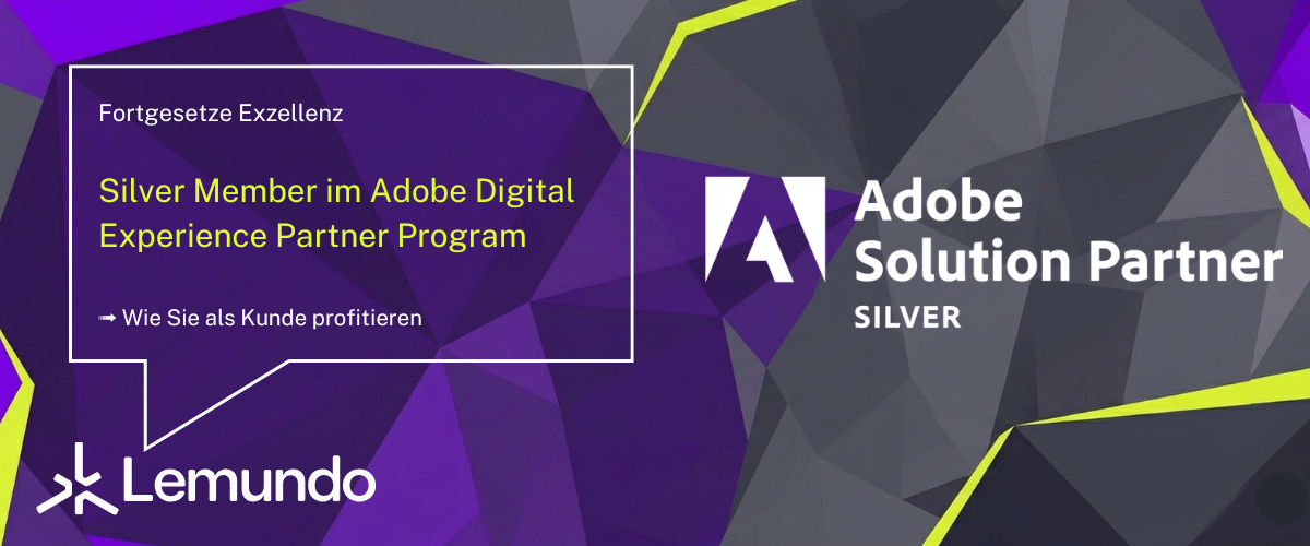 Beitragsbild mit Adobe Solution Partner SILVER - Logo für das Adobe Digital Experience Partner Program