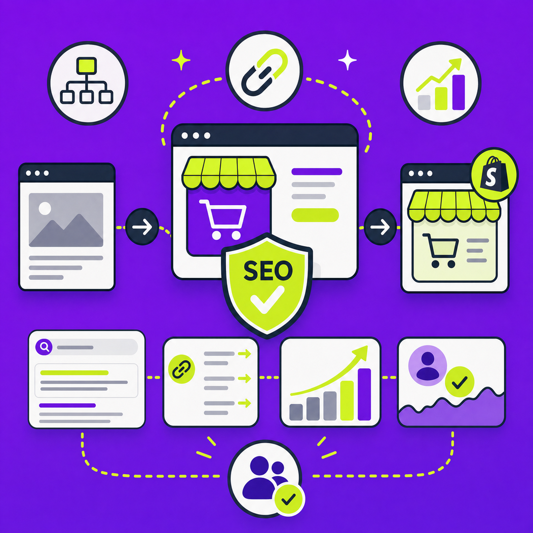 Illustration einer sicheren Shopify-Migration mit SEO-Schutzschild, Weiterleitungen, Suchergebnis-Elementen und steigenden Performance-Kennzahlen im Lemundo-Farbstil.