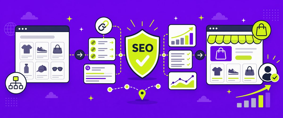 Illustration einer sicheren Shopify-Migration mit SEO-Schutzschild, Weiterleitungen, Suchergebnis-Elementen und steigenden Performance-Kennzahlen im Lemundo-Farbstil.